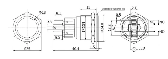 Tootejoonis artiklikood: LANB_00013 nimetus: LANB22B-P11F/EG9-24V/S(L) IK10 surunupp LED-iga 22 mm