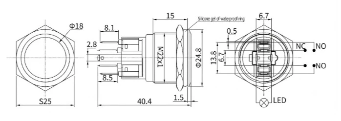 Tootejoonis artiklikood: LANB_00012 nimetus: LANB22B-P11F/ER9-24V/S(L) IK10 surunupp LED-iga 22 mm