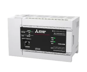 FX5U-32MR/ES artiklikood: ME_280489, nimetus: FX5U-32MR/ES, kirjeldus: CPU-moodul
Toitepinge: AC 100-240 V
16 sisendit DC 24 V, 2 analoogsisendit (0-10V, 12 bit)
16 releeväljundit, 1 analoogväljund (0-10V, 12 bit)
RS-485 Modbus RTU, Ethernet, Modbus TCP client/server, SD kaart
WEB server, CC-Link IE Basic