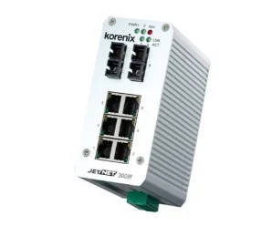 artiklikood: BE_F00N3008140A02, nimetus: JetNet 3008f-m, kirjeldus: Tööstuslik 8 pordiga mittehallatav Ethernet switch
6 liidest 10/100TX, Auto MDI/MDI-X
2 liidest 100Base-FX Duplex SC Multi-Mode 2 km
Dubleeritud toitesisendid: 10..60 VDC
Releeväljundid: pordi häire, toite häire
IP31, alumiiniumkorpus, Töötemperatuur: -10..+70°C
