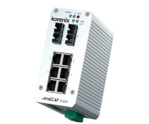 artiklikood: BE_F00N3008240302, nimetus: JetNet 3008f-s, kirjeldus: Tööstuslik 8 pordiga mittehallatav Ethernet switch
6 liidest 10/100TX, Auto MDI/MDI-X
2 liidest 100Base-FX Duplex SC Single-Mode 30 km
Dubleeritud toitesisendid: 10..60 VDC
Releeväljundid: pordi häire, toite häire
IP31, alumiiniumkorpus, Töötemperatuur: -10..+70°C
