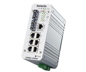 artiklikood: BE_F00N4508310A04, nimetus: JetNet 4508if-m, kirjeldus: Tööstuslik 8 pordiga hallatav Ethernet switch
6 liidest 10/100TX, Auto MDI/MDI-X
2 liidest 100Base-FX Duplex SC Multi-Mode 2 km
Dubleeritud toitesisendid: 10,8..32 VDC
Sisendid: 1xDI; Väljundid: konfigureeritavad 1xDO
IP31, alumiiniumkorpus, Töötemperatuur: -10..+70°C
