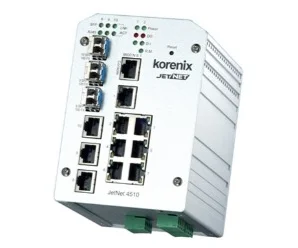 artiklikood: BE_F00N4510540004, nimetus: JetNet 4510-w, kirjeldus: Tööstuslik 10 pordiga hallatav Ethernet switch
7 liidest 10/100TX, Auto MDI/MDI-X
7 liidest 10/100TX + 3 dubleerivat SFP, Auto MDI/MDI-X
Dubleeritud toitesisendid: 10,5..60 VDC
Sisendid: 2xDI; Väljundid: konfigureeritavad 2xDO
IP31, alumiiniumkorpus, Töötemperatuur: -40..+75°C
